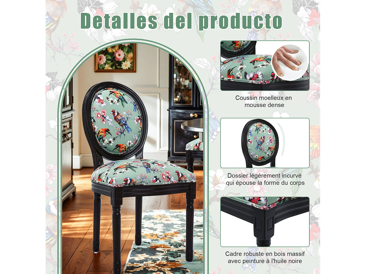 Lote de 2 sillas de comedor - Estilo Luis XVI con medallón, en madera maciza tallada y patinada - Motivo verde de pájaros y flores - Elegancia retro