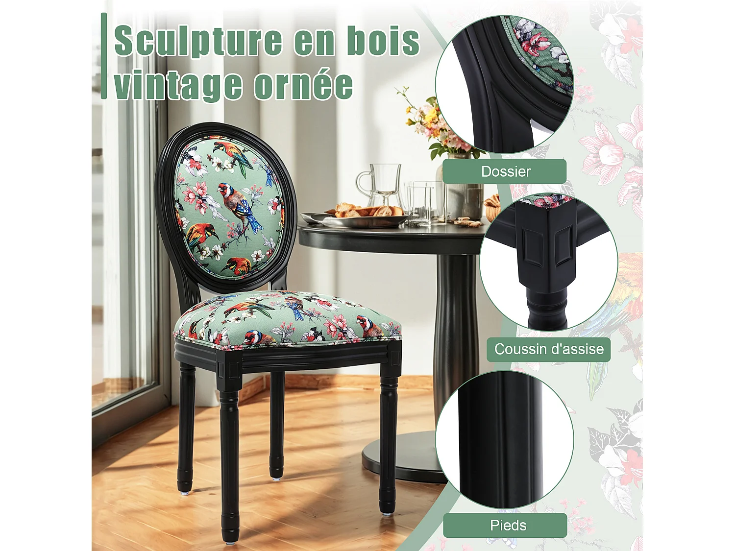 Lote de 2 sillas de comedor - Estilo Luis XVI con medallón, en madera maciza tallada y patinada - Motivo verde de pájaros y flores - Elegancia retro