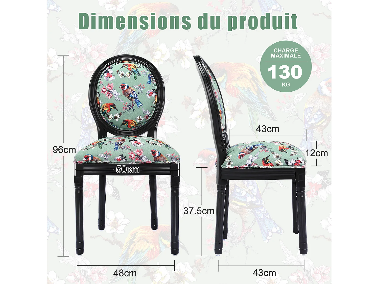 Lote de 2 sillas de comedor - Estilo Luis XVI con medallón, en madera maciza tallada y patinada - Motivo verde de pájaros y flores - Elegancia retro