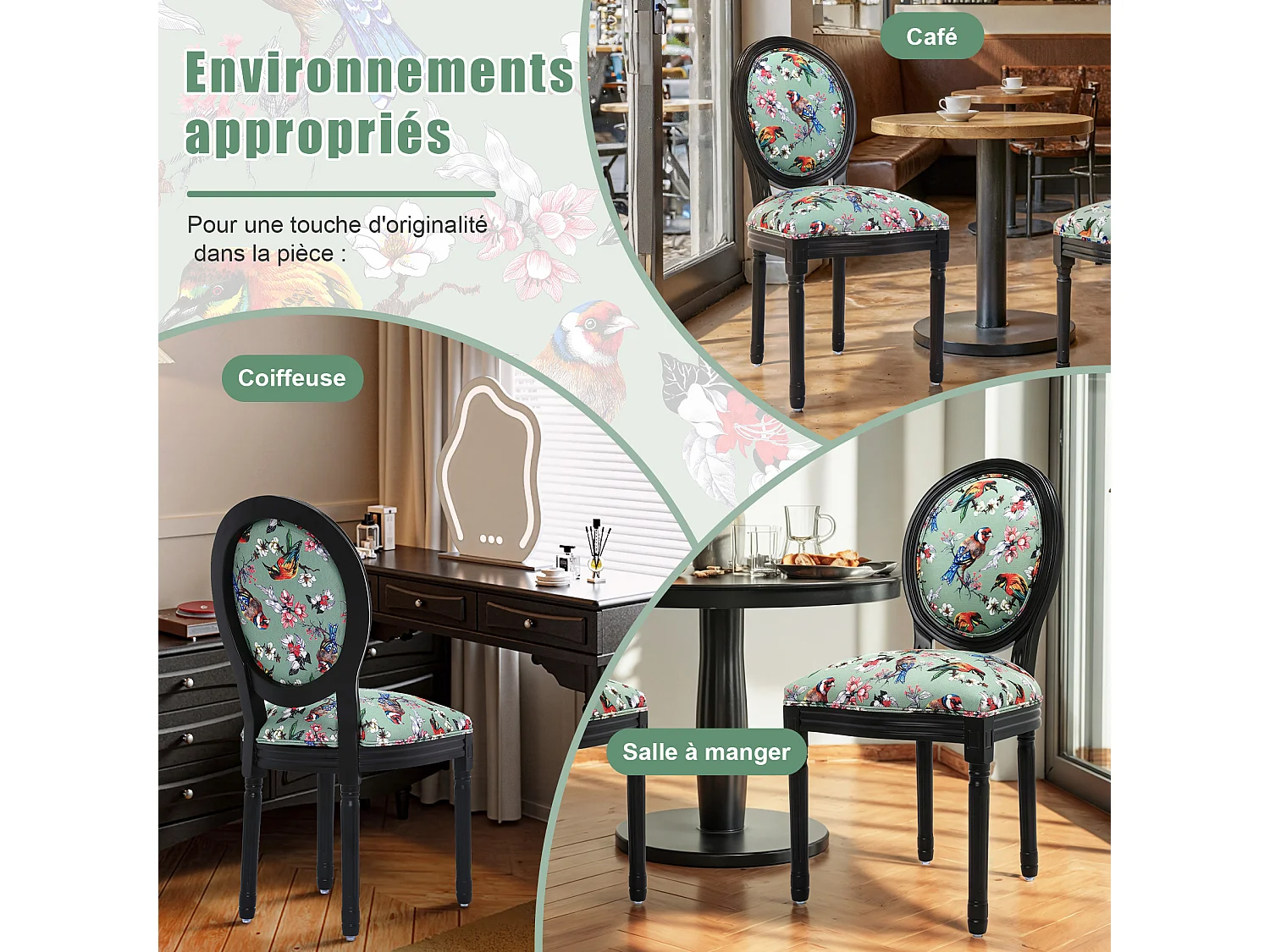 Lote de 2 sillas de comedor - Estilo Luis XVI con medallón, en madera maciza tallada y patinada - Motivo verde de pájaros y flores - Elegancia retro