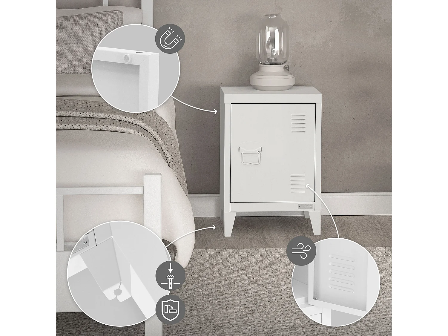 Table de chevet armoire 40x30x58 cm blanc mat en acier poignée de porte à gauche style industriel meuble de nuit d'appoint commode d'entrée chambre