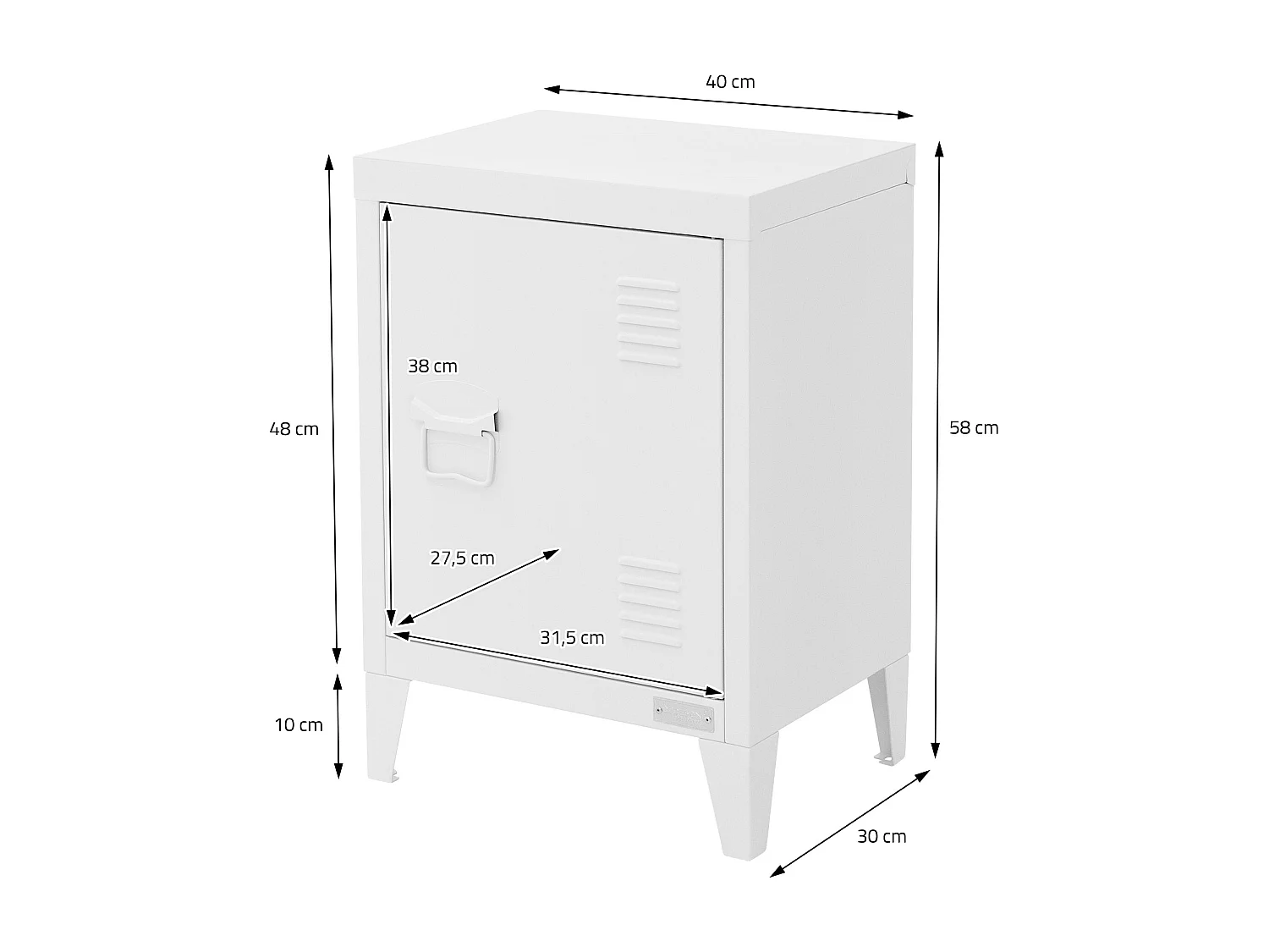 Table de chevet armoire 40x30x58 cm blanc mat en acier poignée de porte à gauche style industriel meuble de nuit d'appoint commode d'entrée chambre