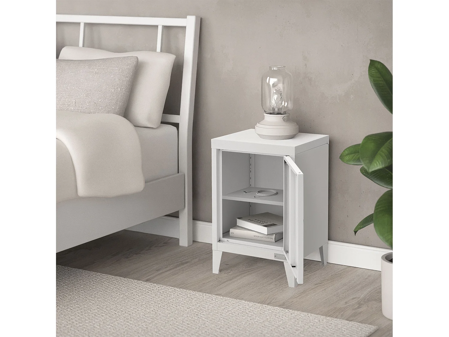 Table de chevet armoire 40x30x58 cm blanc mat en acier poignée de porte à gauche style industriel meuble de nuit d'appoint commode d'entrée chambre