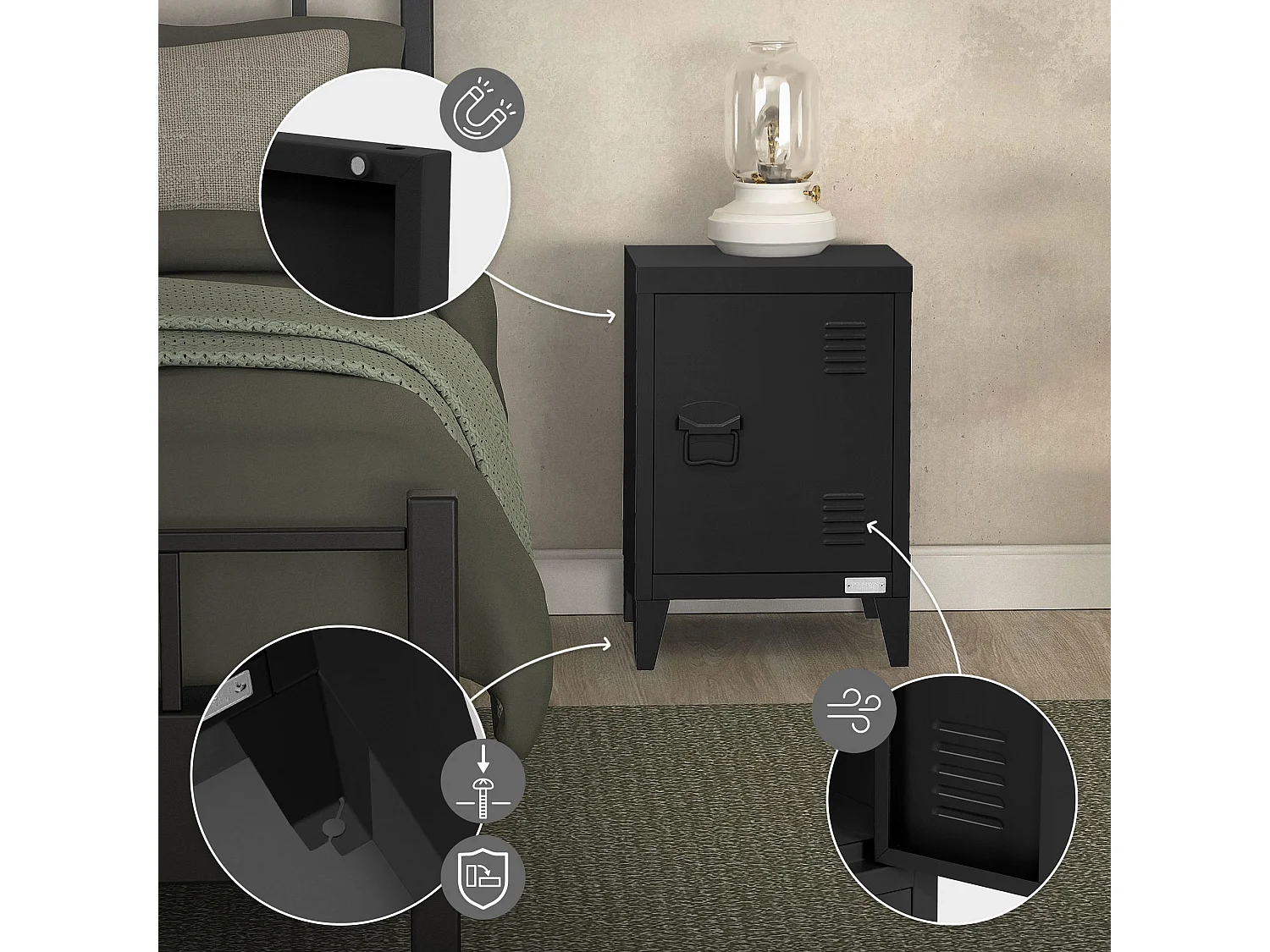 Table de chevet armoire 40x30x58 cm noir mat en acier poignée de porte à gauche style industriel meuble de nuit d'appoint commode d'entrée chambre