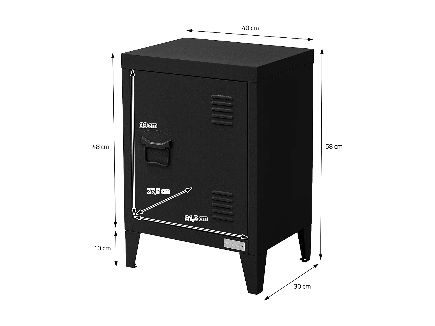 Table de chevet armoire 40x30x58 cm noir mat en acier poignée de porte à gauche style industriel meuble de nuit d'appoint commode d'entrée chambre