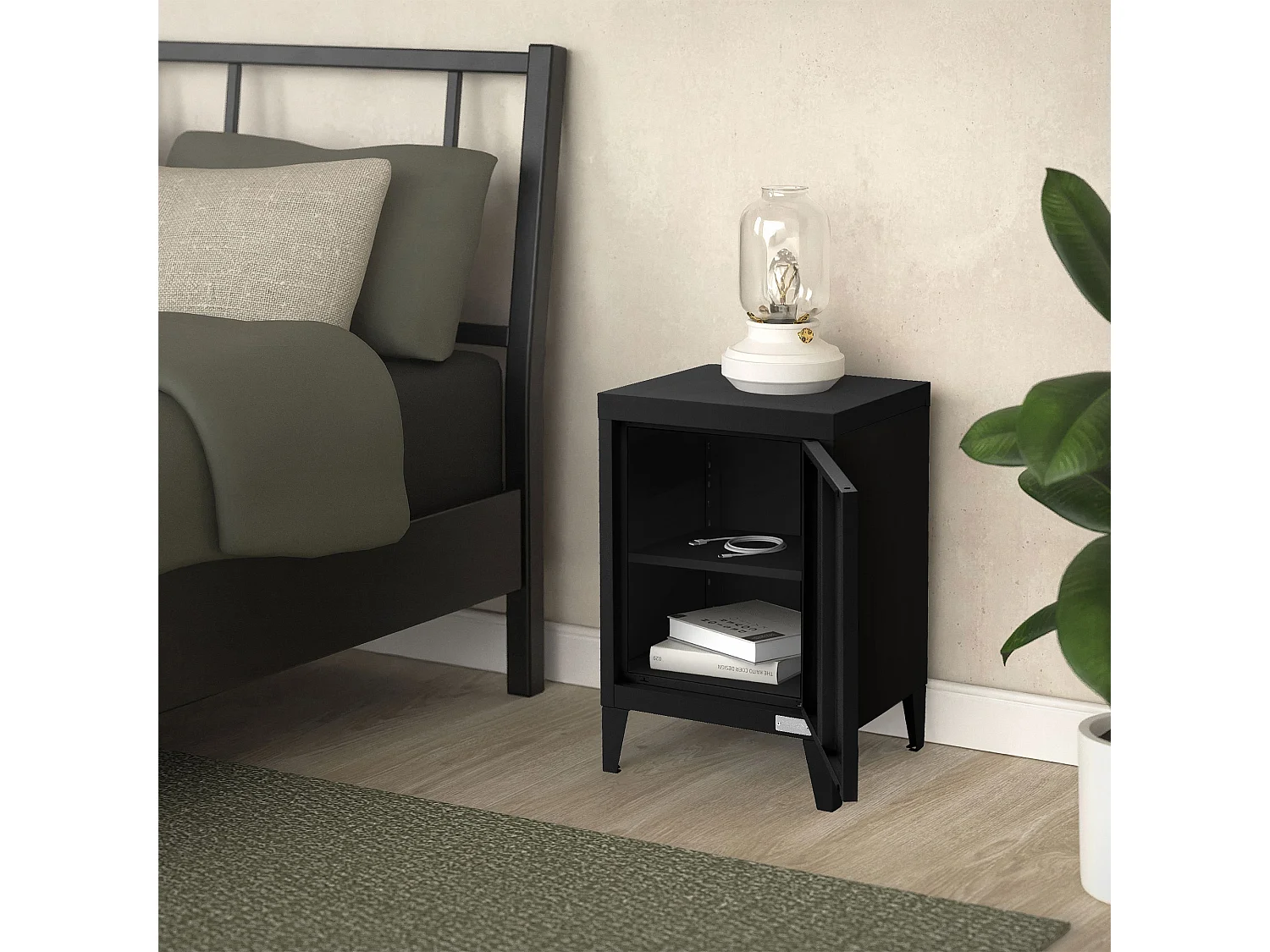 Table de chevet armoire 40x30x58 cm noir mat en acier poignée de porte à gauche style industriel meuble de nuit d'appoint commode d'entrée chambre