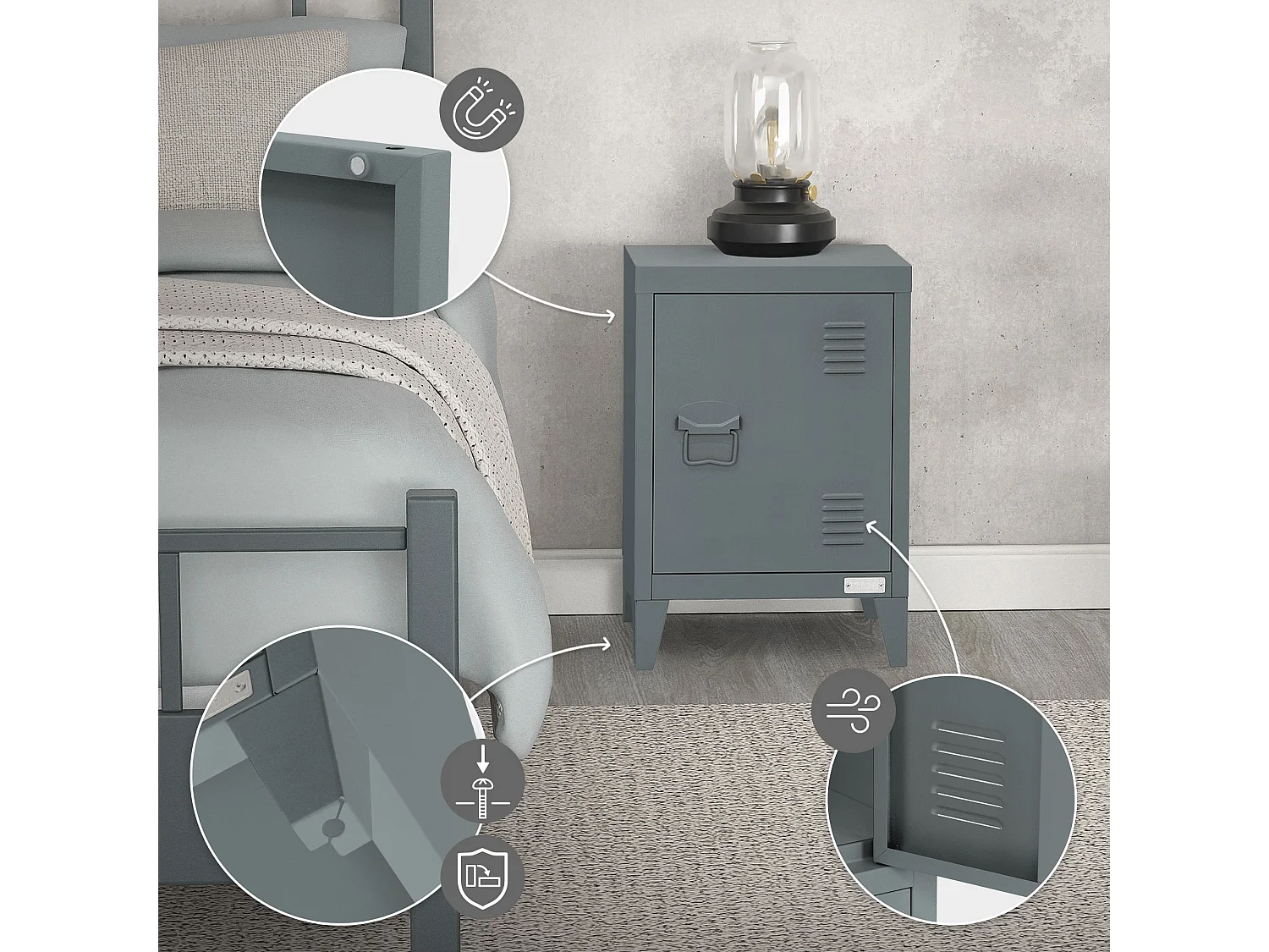 Table de chevet armoire 40x30x58 cm anthracite mat en acier poignée de porte à gauche style industriel meuble de nuit d'appoint commode de chambre