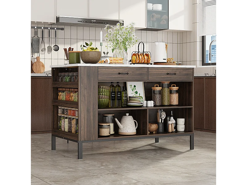 Îlot Central de Cuisine, 2 Tiroirs et 6 Compartiment, Grand Plan de Travail, Multi-Rangements, Style Industriel, 140x76.2x91.4 cm