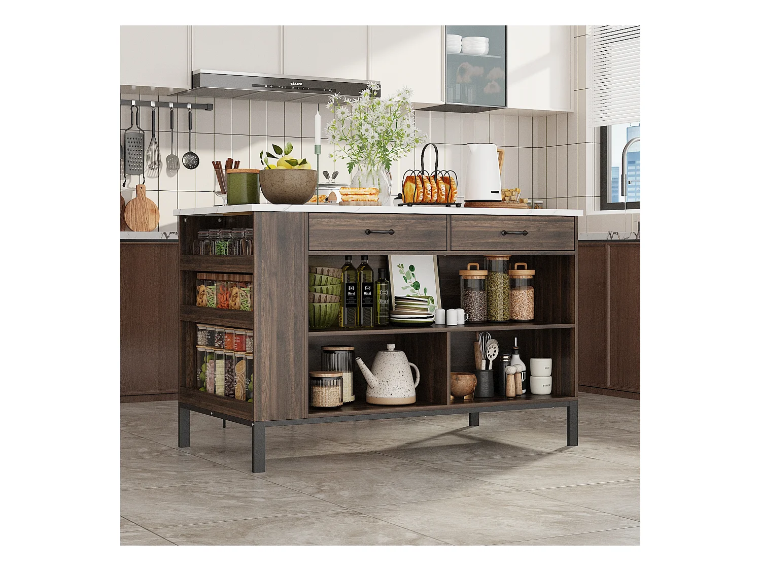 Îlot Central de Cuisine, 2 Tiroirs et 6 Compartiment, Grand Plan de Travail, Multi-Rangements, Style Industriel, 140x76.2x91.4 cm