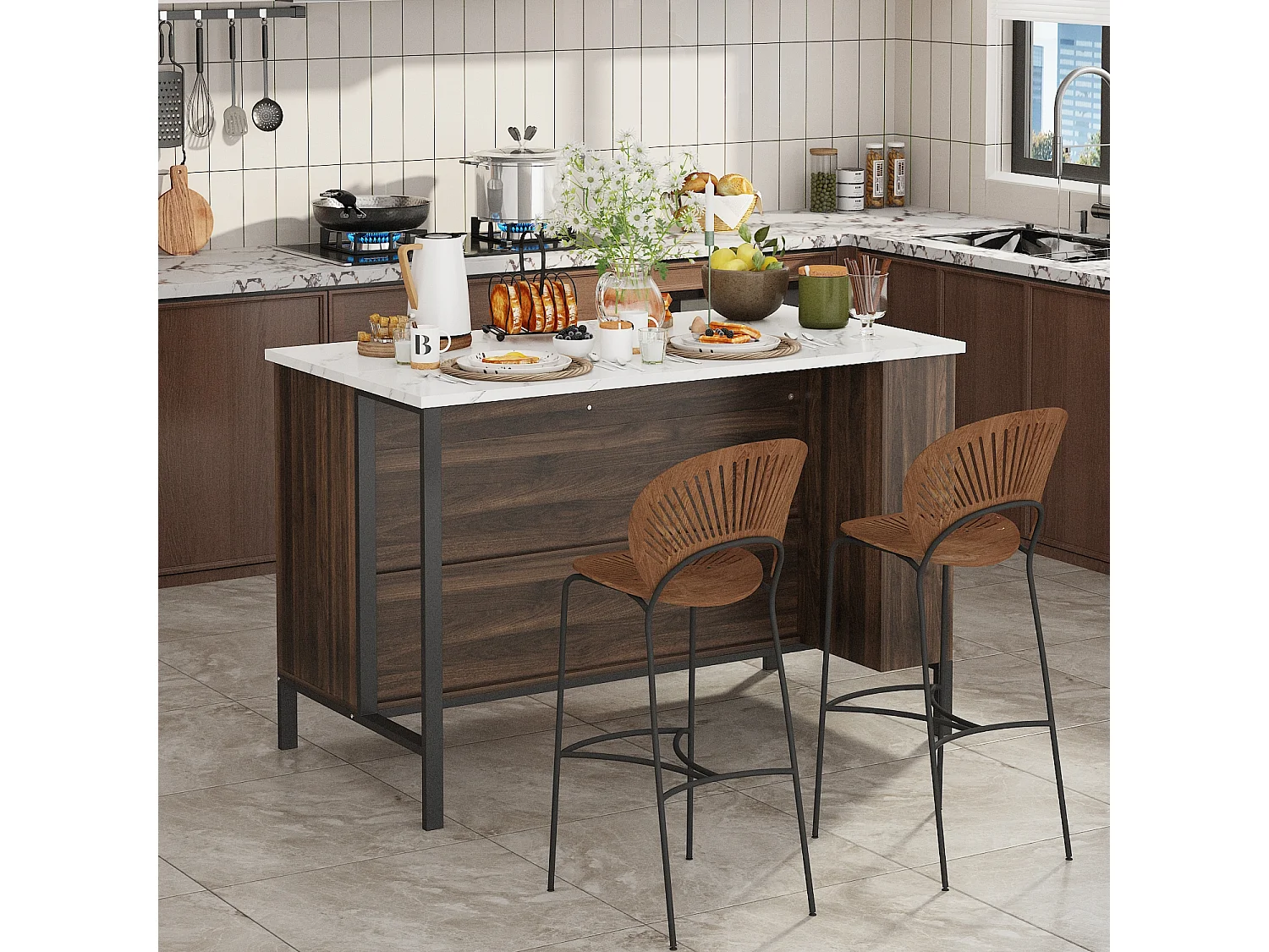 Îlot Central de Cuisine, 2 Tiroirs et 6 Compartiment, Grand Plan de Travail, Multi-Rangements, Style Industriel, 140x76.2x91.4 cm