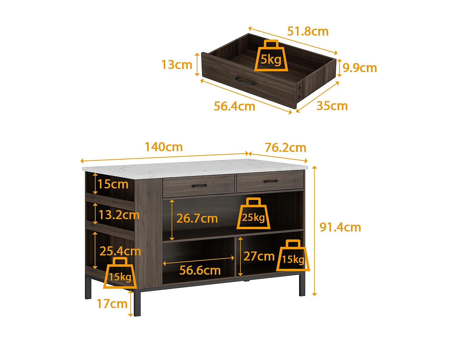 Îlot Central de Cuisine, 2 Tiroirs et 6 Compartiment, Grand Plan de Travail, Multi-Rangements, Style Industriel, 140x76.2x91.4 cm