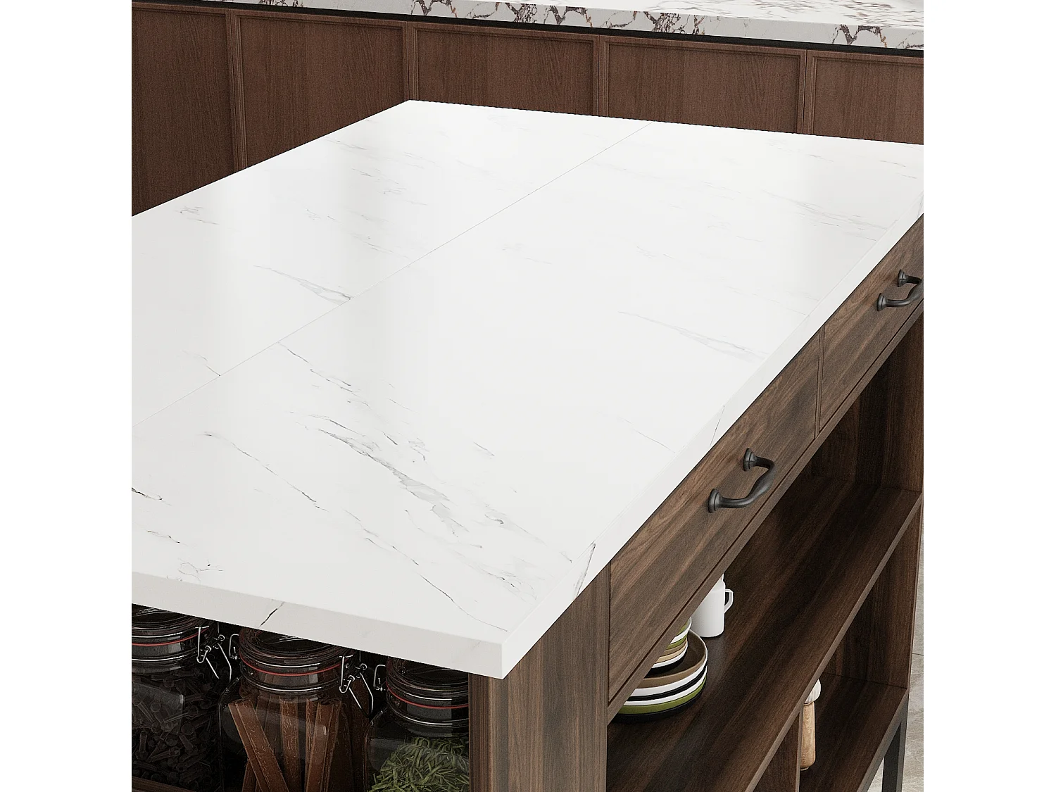 Îlot Central de Cuisine, 2 Tiroirs et 6 Compartiment, Grand Plan de Travail, Multi-Rangements, Style Industriel, 140x76.2x91.4 cm