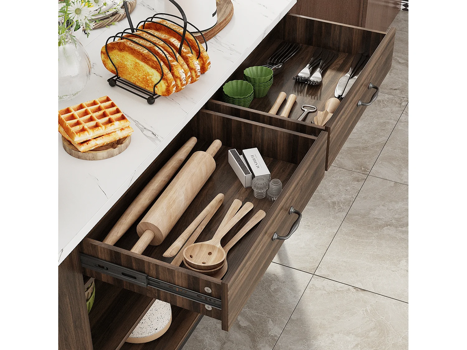 Îlot Central de Cuisine, 2 Tiroirs et 6 Compartiment, Grand Plan de Travail, Multi-Rangements, Style Industriel, 140x76.2x91.4 cm