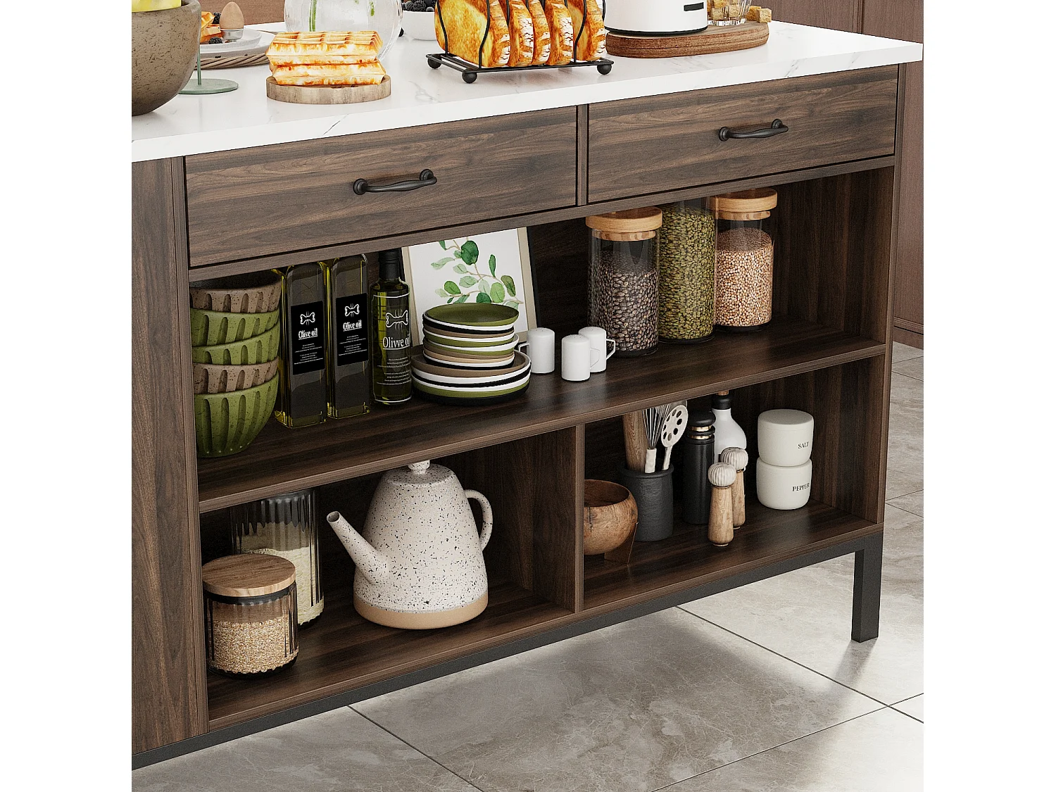 Îlot Central de Cuisine, 2 Tiroirs et 6 Compartiment, Grand Plan de Travail, Multi-Rangements, Style Industriel, 140x76.2x91.4 cm