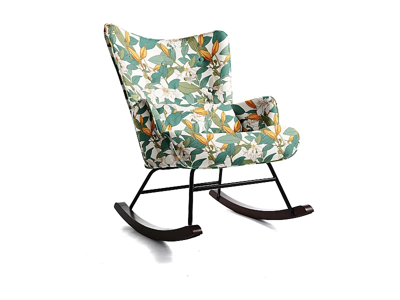 Fauteuil à Bascule Fixe en Tissu Imitation Lin : Motif Lys Vert & Blanc - Élégance Botanique Intemporelle