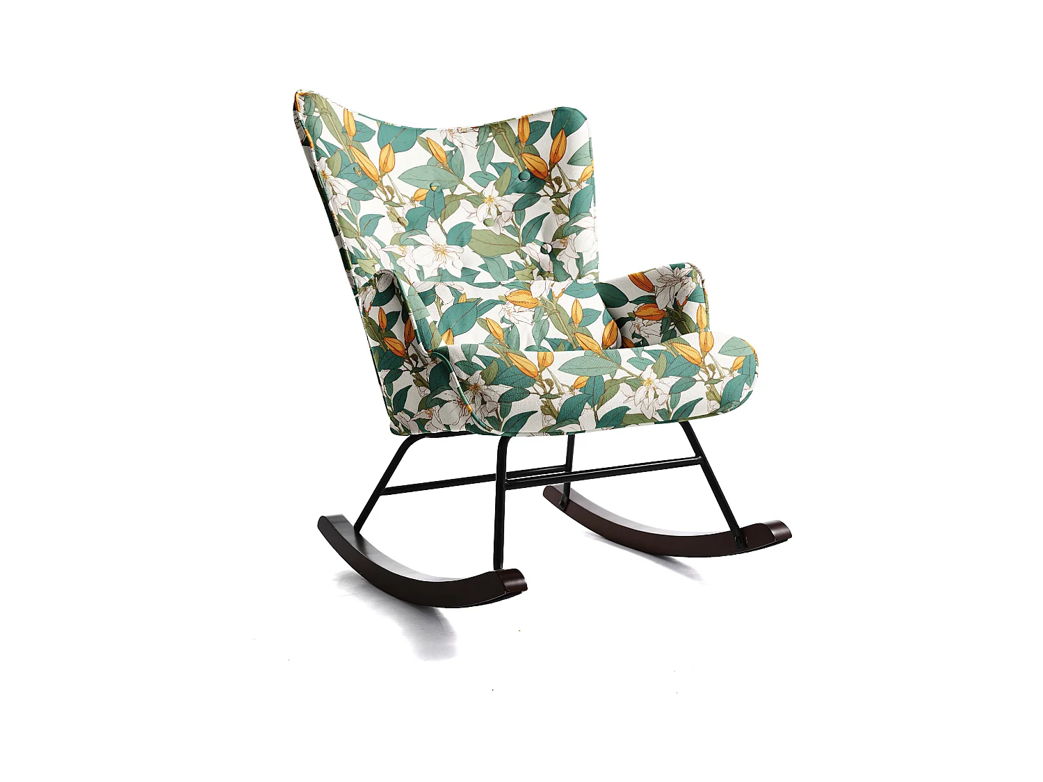 Fauteuil à Bascule Fixe en Tissu Imitation Lin : Motif Lys Vert & Blanc - Élégance Botanique Intemporelle