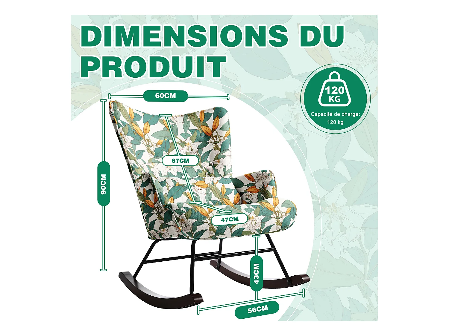 Fauteuil à Bascule Fixe en Tissu Imitation Lin : Motif Lys Vert & Blanc - Élégance Botanique Intemporelle