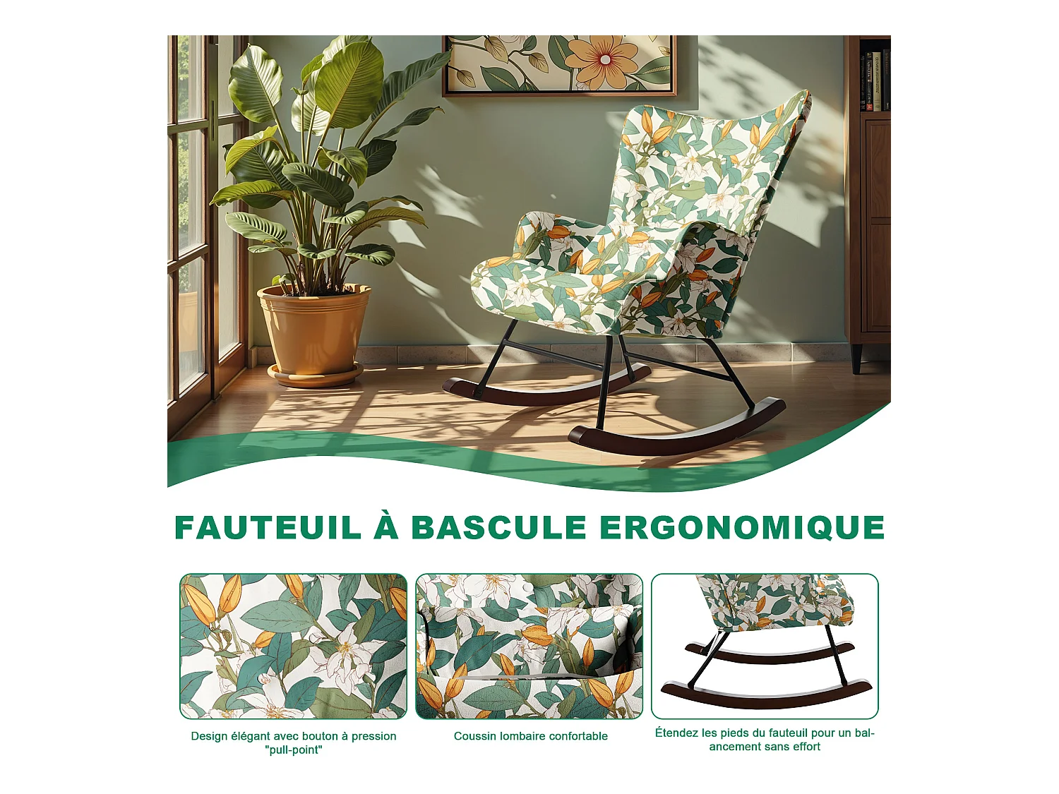 Fauteuil à Bascule Fixe en Tissu Imitation Lin : Motif Lys Vert & Blanc - Élégance Botanique Intemporelle