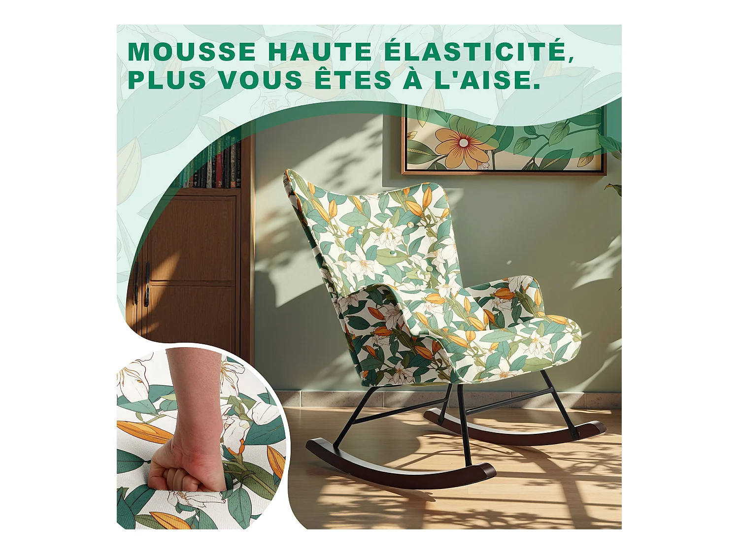 Fauteuil à Bascule Fixe en Tissu Imitation Lin : Motif Lys Vert & Blanc - Élégance Botanique Intemporelle