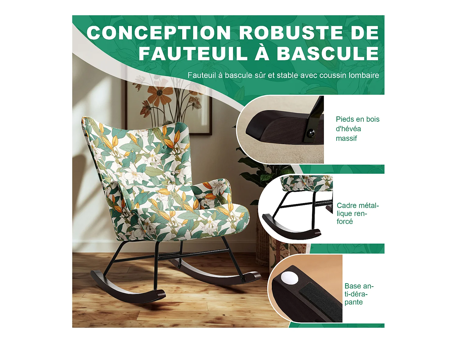 Fauteuil à Bascule Fixe en Tissu Imitation Lin : Motif Lys Vert & Blanc - Élégance Botanique Intemporelle