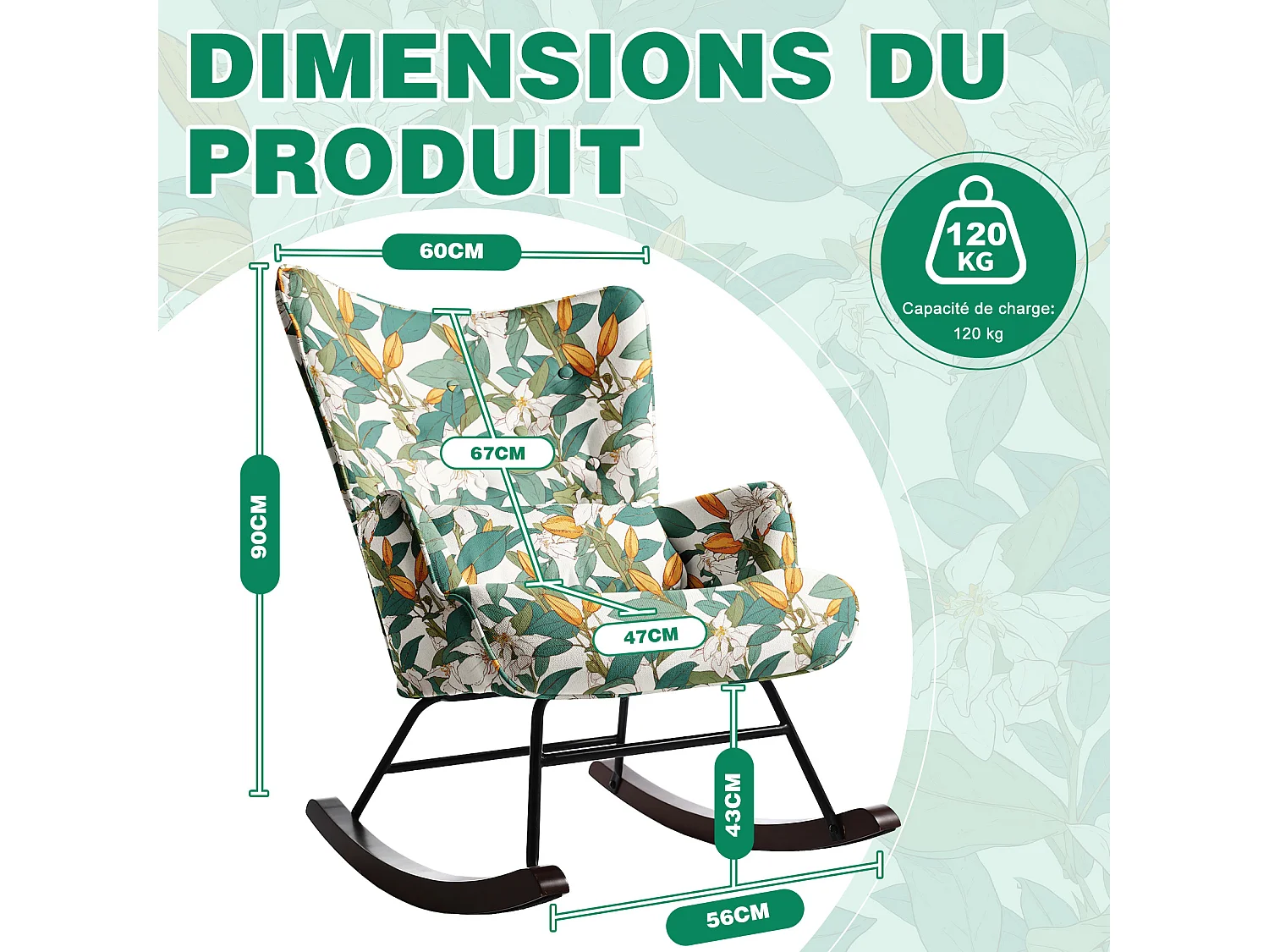Fauteuil à Bascule Fixe en Tissu Imitation Lin : Motif Lys Vert & Blanc - Élégance Botanique Intemporelle