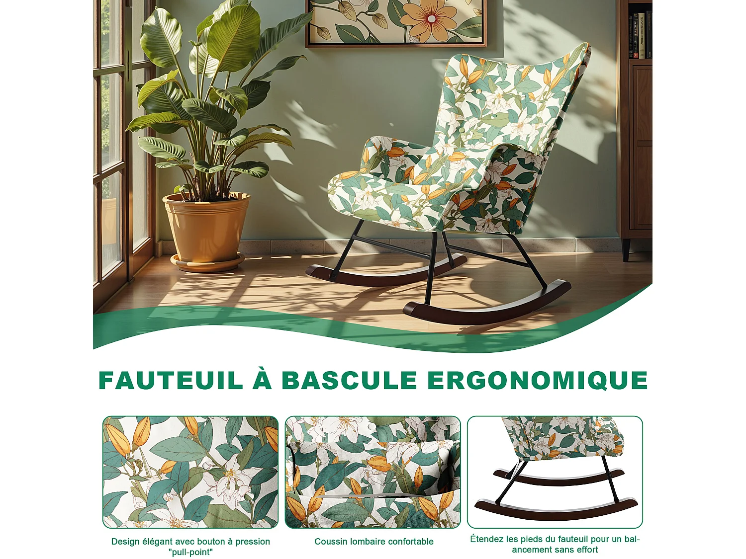 Fauteuil à Bascule Fixe en Tissu Imitation Lin : Motif Lys Vert & Blanc - Élégance Botanique Intemporelle