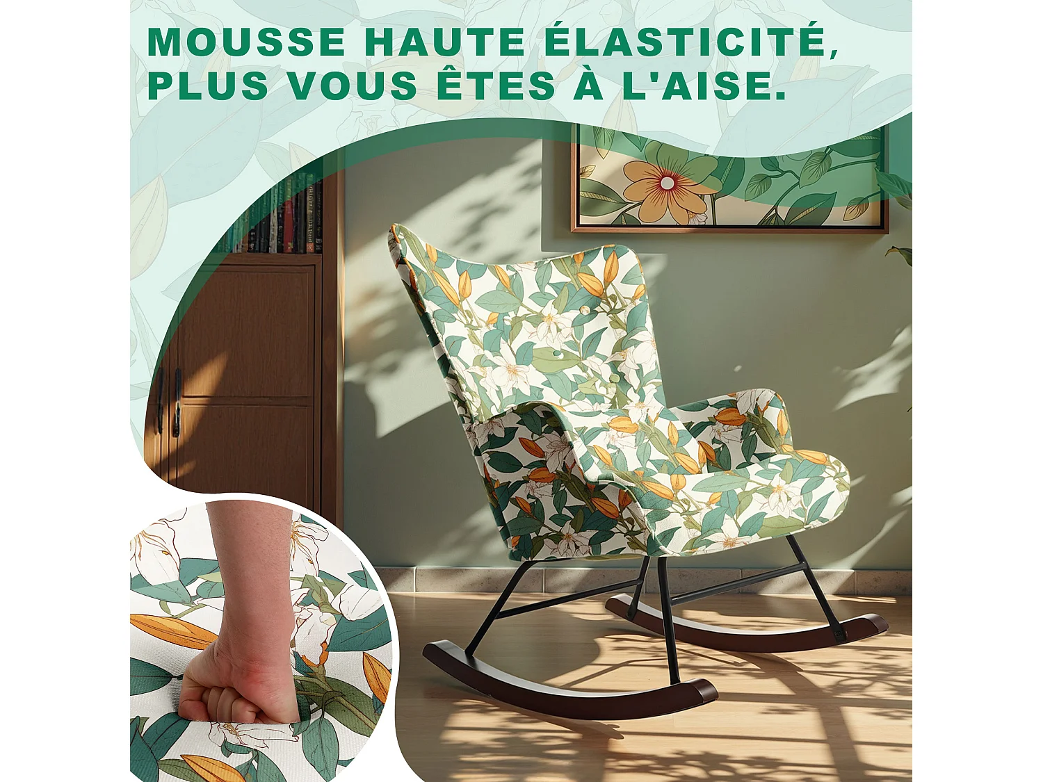 Fauteuil à Bascule Fixe en Tissu Imitation Lin : Motif Lys Vert & Blanc - Élégance Botanique Intemporelle