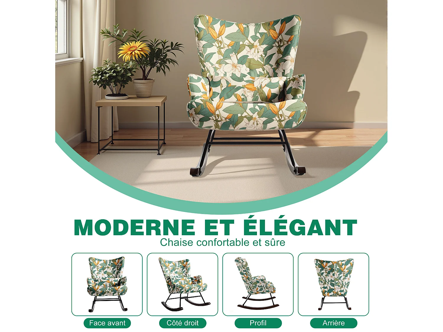 Fauteuil à Bascule Fixe en Tissu Imitation Lin : Motif Lys Vert & Blanc - Élégance Botanique Intemporelle