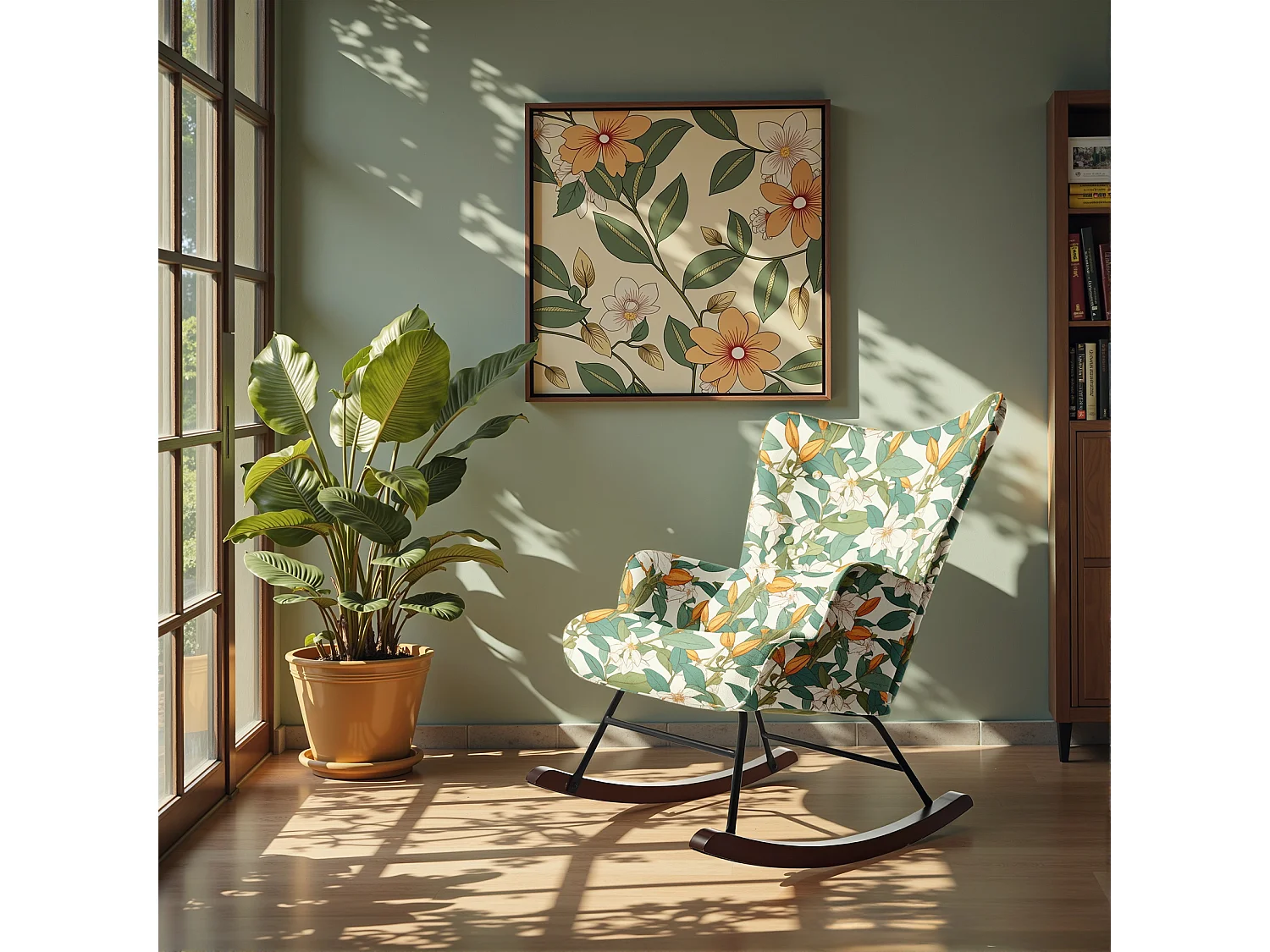 Fauteuil à Bascule Fixe en Tissu Imitation Lin : Motif Lys Vert & Blanc - Élégance Botanique Intemporelle