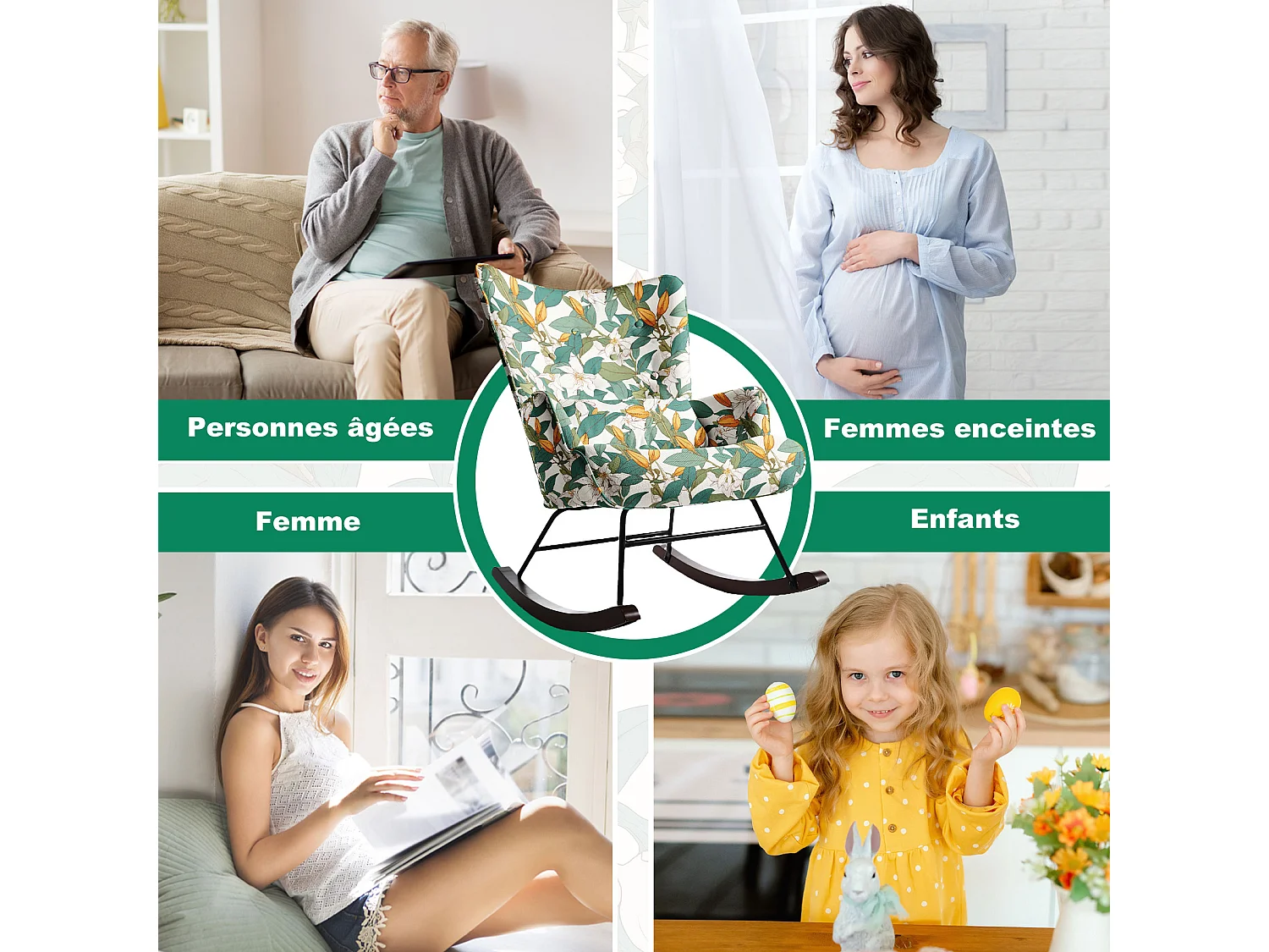 Fauteuil à Bascule Fixe en Tissu Imitation Lin : Motif Lys Vert & Blanc - Élégance Botanique Intemporelle