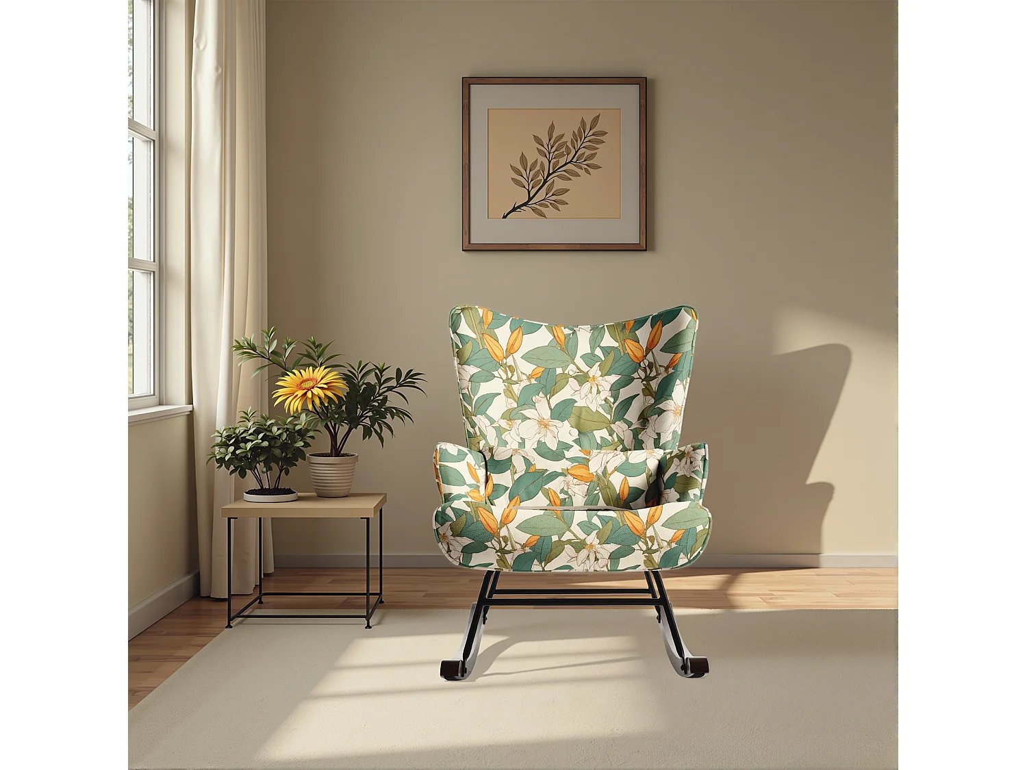 Fauteuil à Bascule Fixe en Tissu Imitation Lin : Motif Lys Vert & Blanc - Élégance Botanique Intemporelle