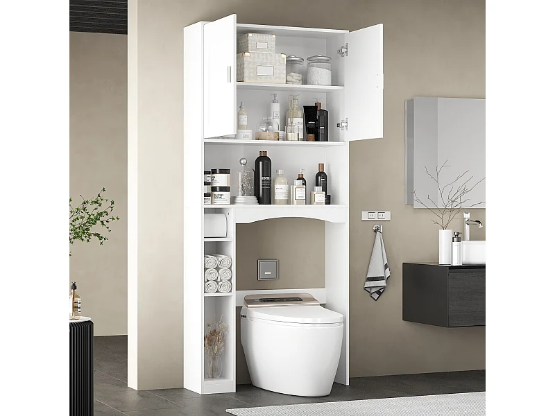 Meuble WC Dessus de Toilettes avec 2 Portes et 4 Compartiments Ouverts pour Salle de Bain Blanc Moderne 80 x 25 x 180 CM