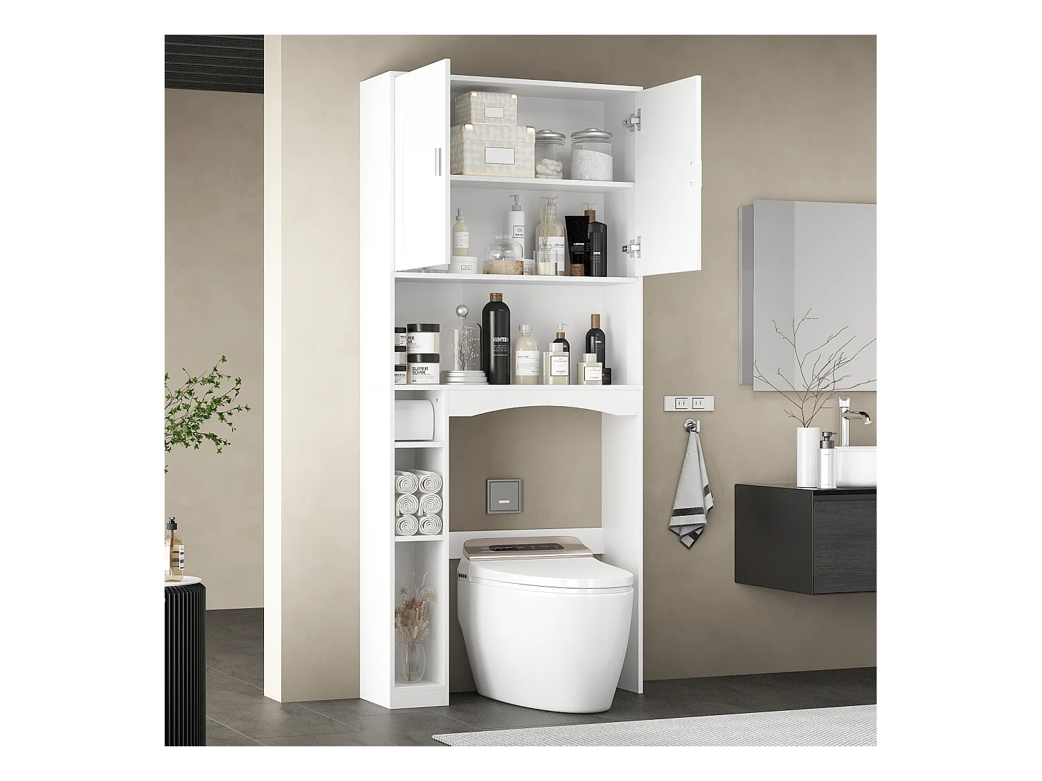 Meuble WC Dessus de Toilettes avec 2 Portes et 4 Compartiments Ouverts pour Salle de Bain Blanc Moderne 80 x 25 x 180 CM