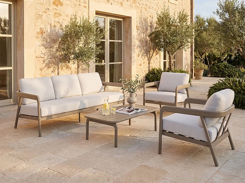 Aluminium tuinset: een 3-zits bank, 2 fauteuils en een salontafel - Taupe - ZAYORA van MYLIA
