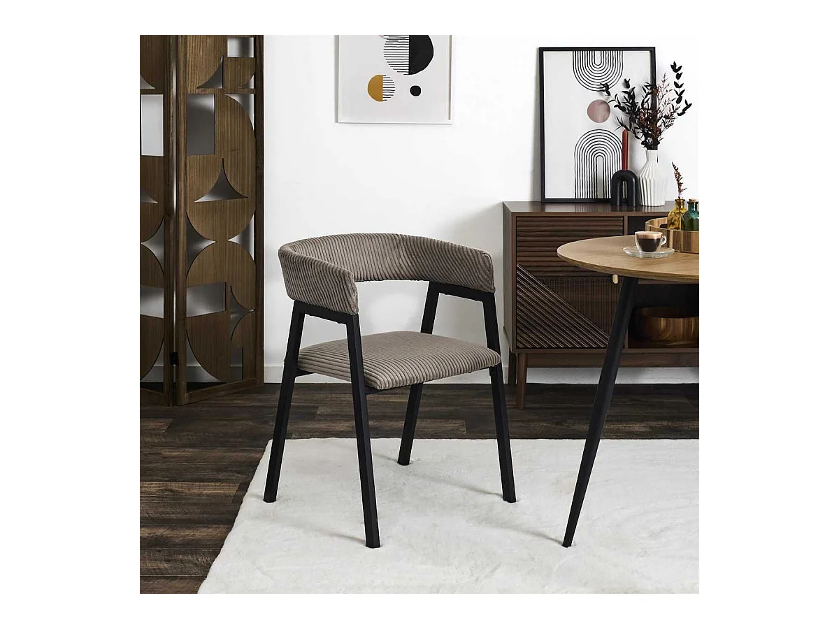 Lot de 2 fauteuils de table design en métal et velours côtelé coloris taupe - AMORY