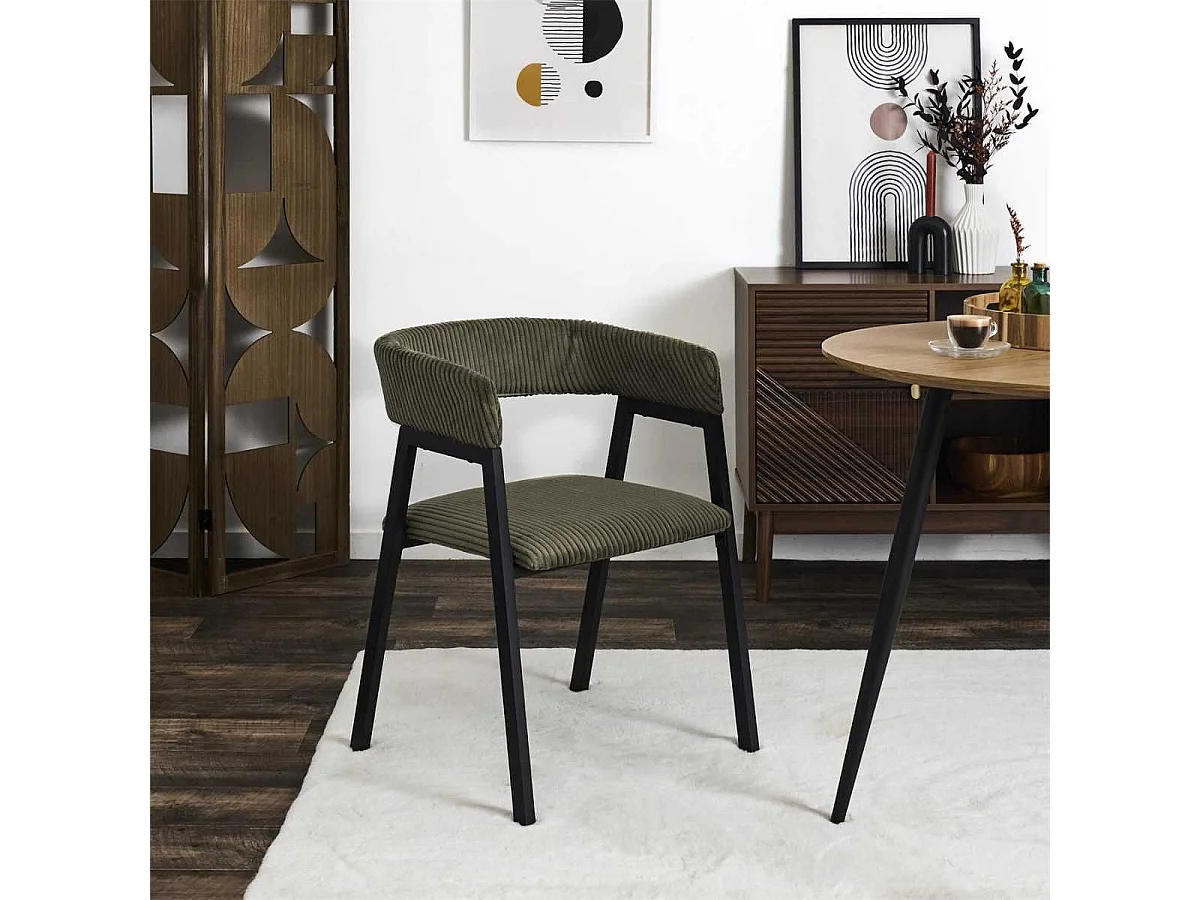 Lot de 2 fauteuils de table design en métal et velours côtelé coloris vert - AMORY