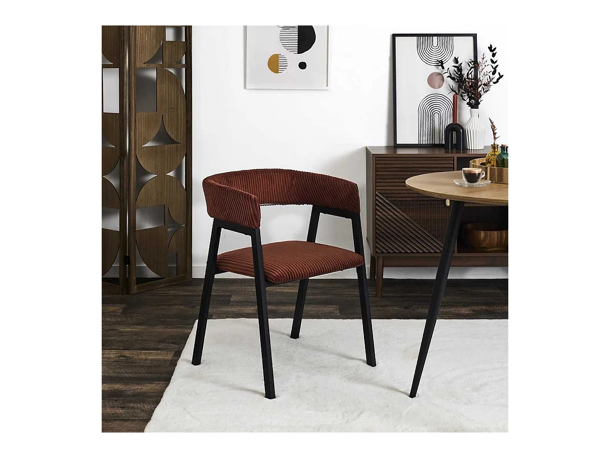 Lot de 2 fauteuils de table design en métal et velours côtelé coloris terracotta - AMORY