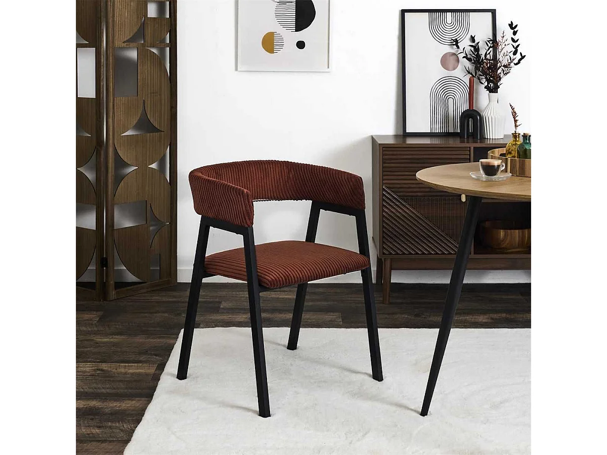 Lot de 2 fauteuils de table design en métal et velours côtelé coloris terracotta - AMORY