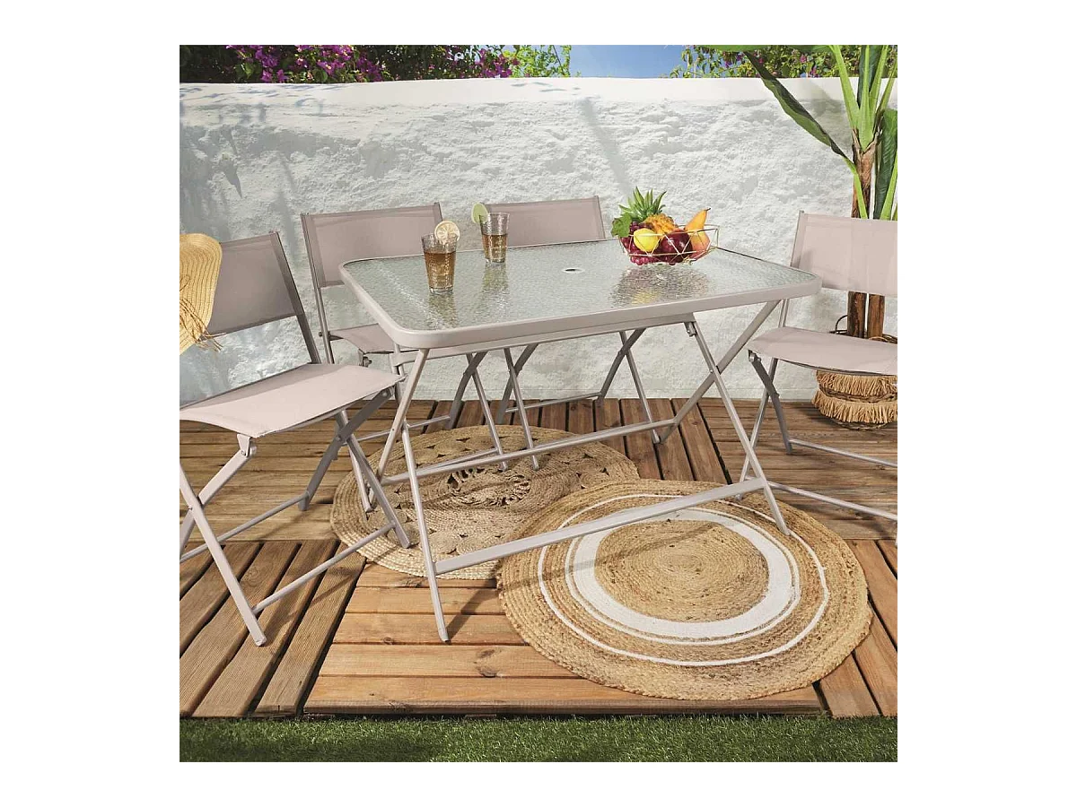 Table pliante en métal beige et plateau en verre trempé - CHRISTINA
