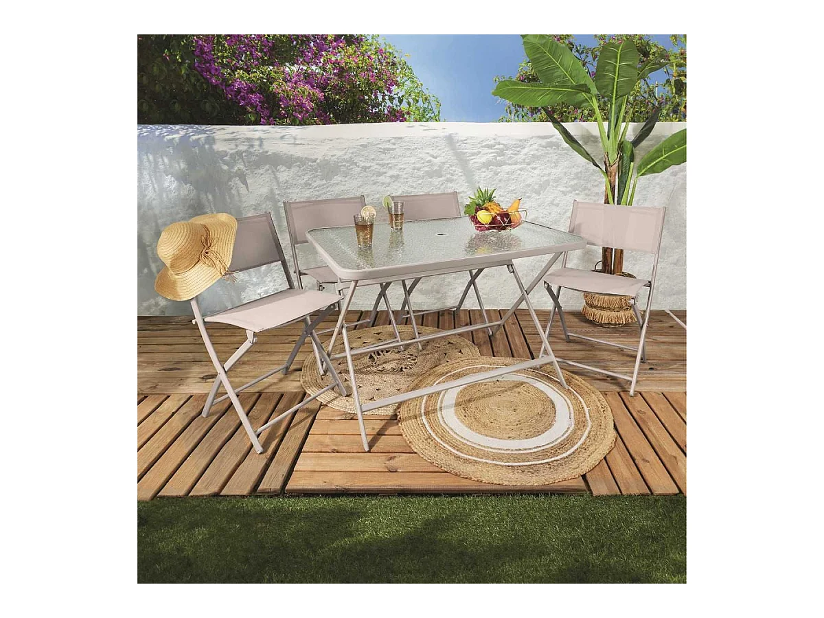 Table pliante en métal beige et plateau en verre trempé - CHRISTINA