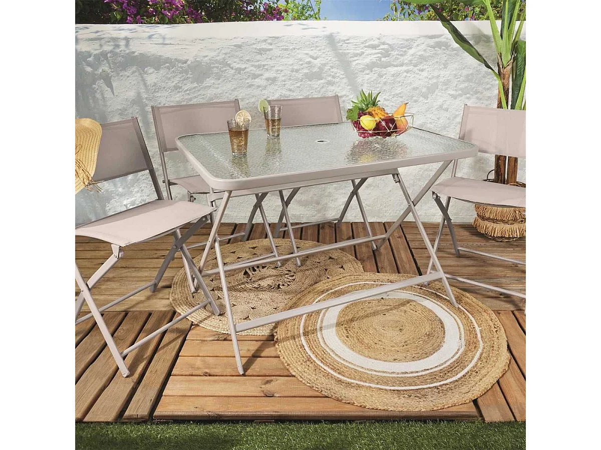 Table pliante en métal beige et plateau en verre trempé - CHRISTINA