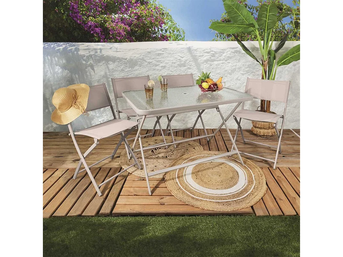 Table pliante en métal beige et plateau en verre trempé - CHRISTINA