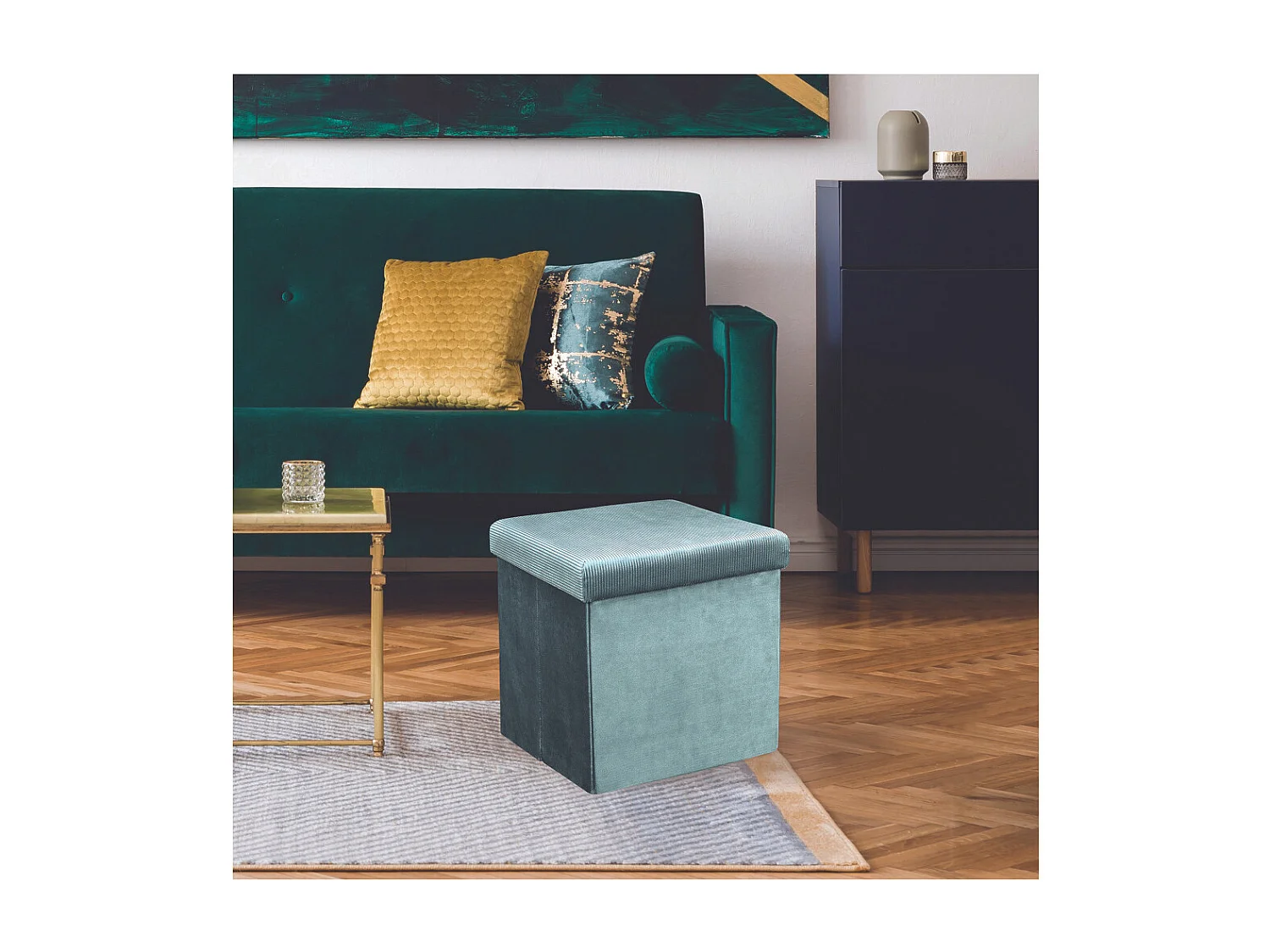 Pouf Coffre Pliable en Velours Côtelé Bleu Canard - NEIRA