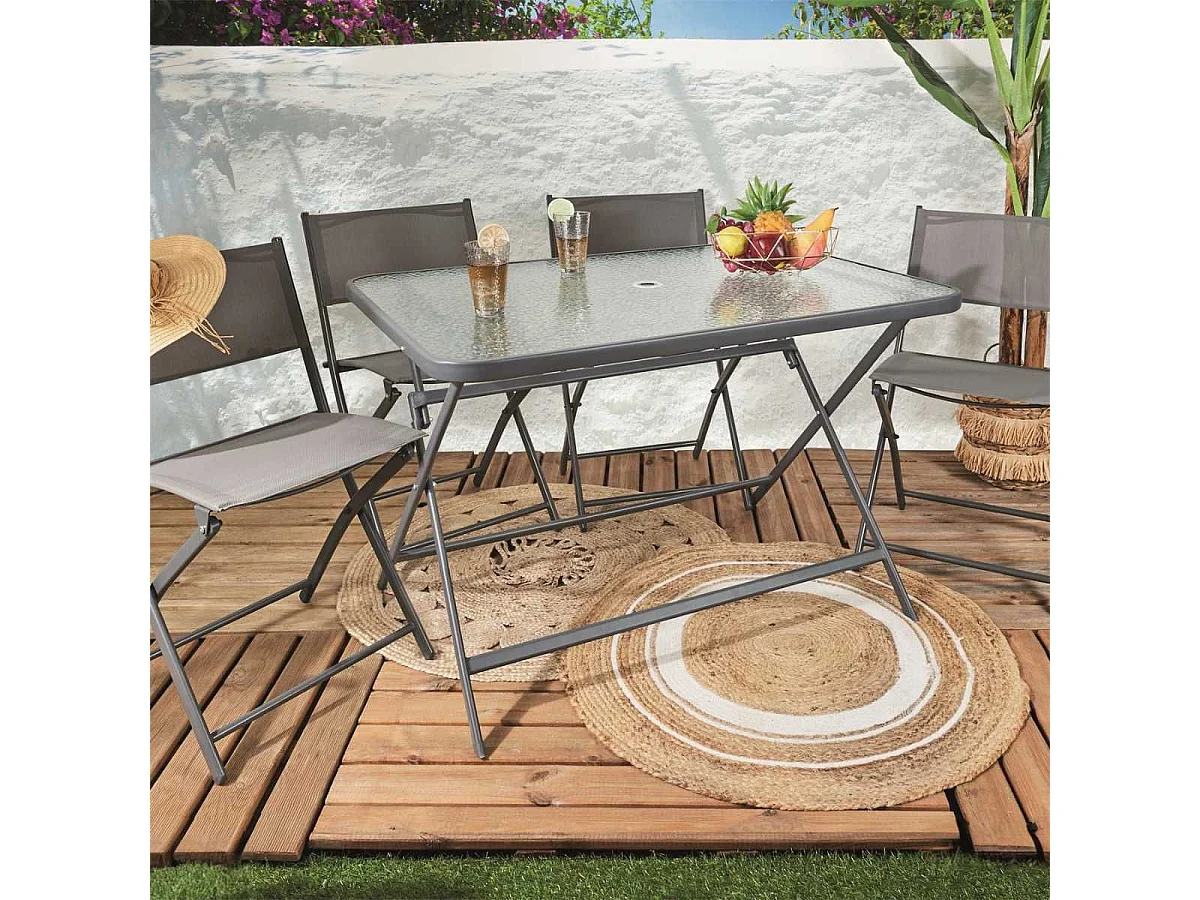 Table pliante en métal anthracite et plateau en verre trempé - CHRISTINA