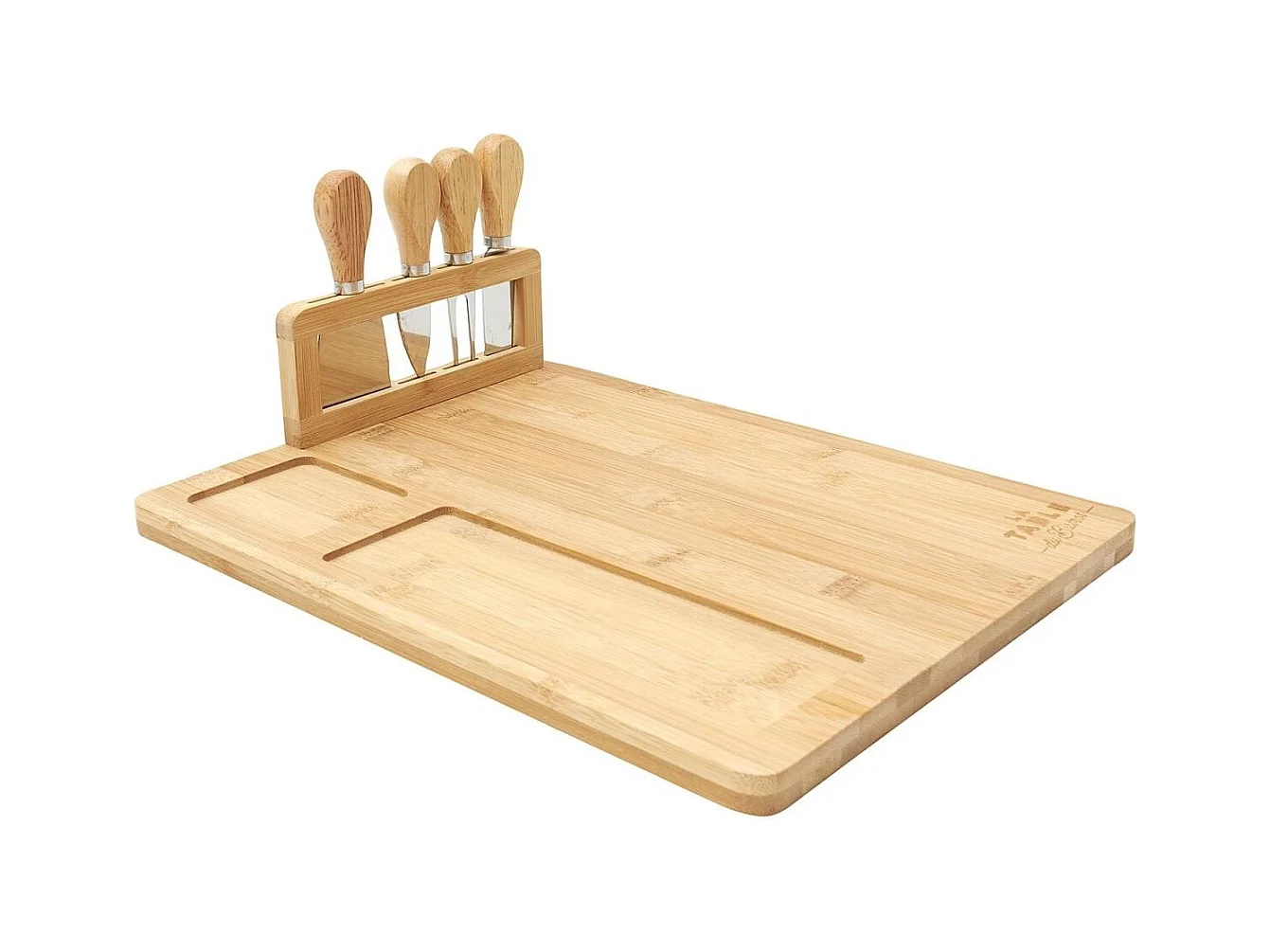 Planche à fromage en bambou 36x28cm avec son support de 4 couteaux inclus