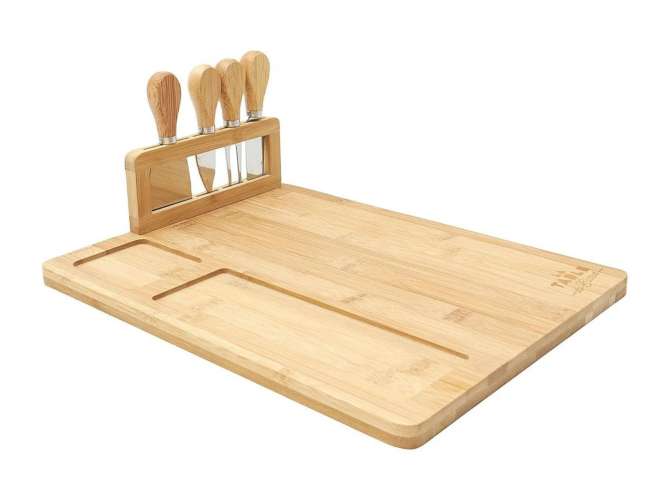 Planche à fromage en bambou 36x28cm avec son support de 4 couteaux inclus