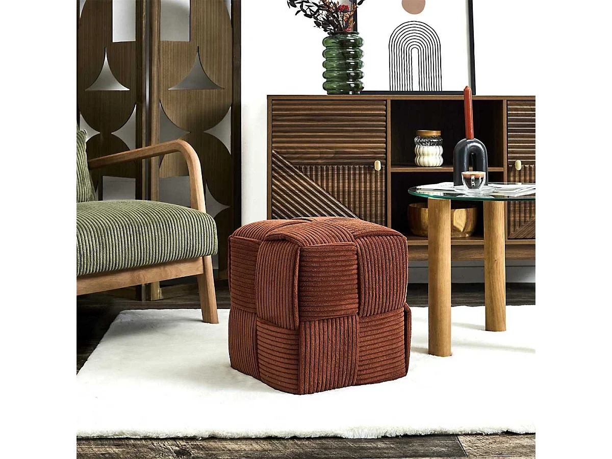 Pouf cube en velours côtelé tressé coloris terracotta - AMORY