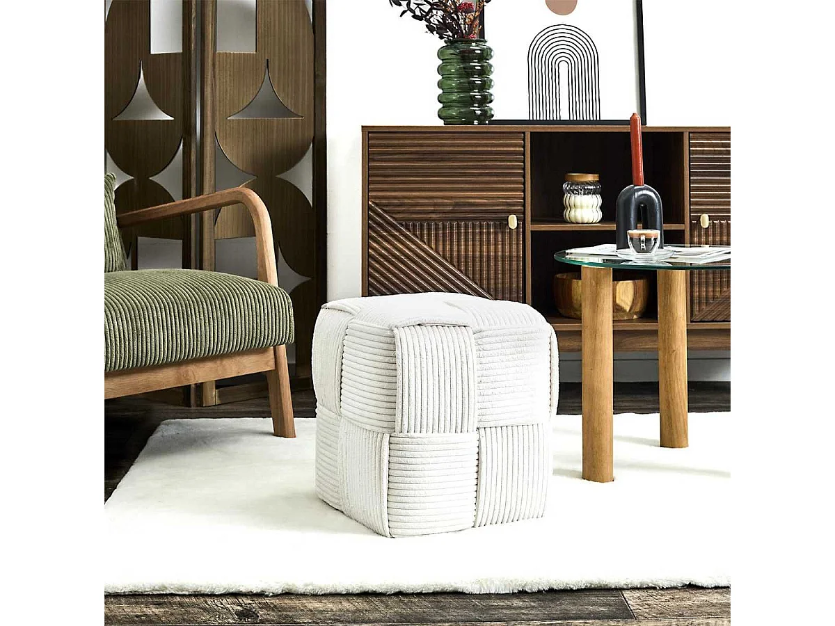 Pouf cube en velours côtelé tressé coloris crème - AMORY