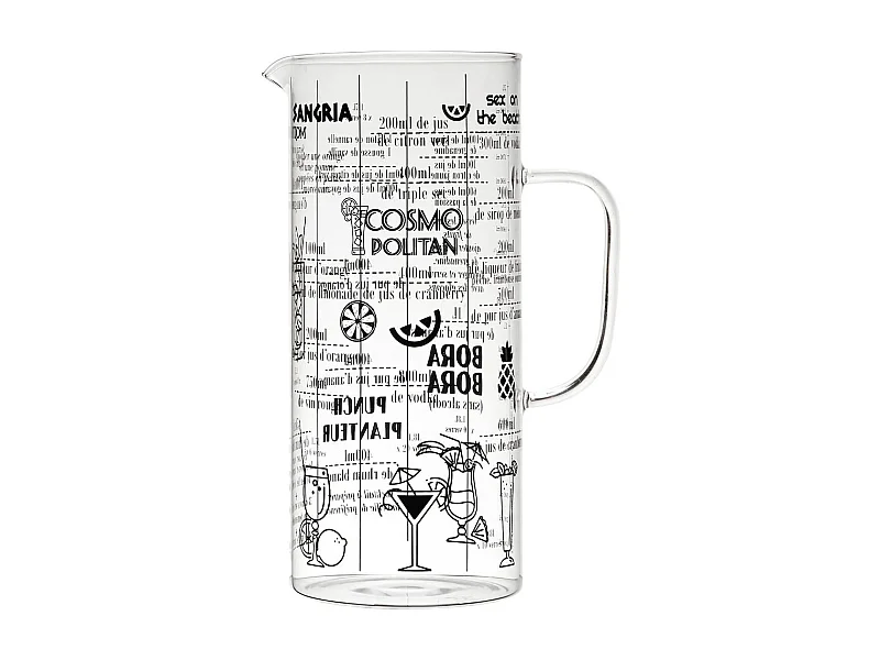 Pichet 2L en Verre Transparent Gradué avec 6 Recettes de Cocktails intégrées