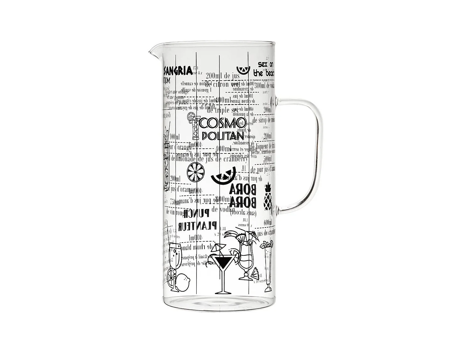 Pichet 2L en Verre Transparent Gradué avec 6 Recettes de Cocktails intégrées